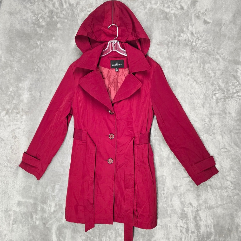 London Fog Trench Coat Women XL Red Hooded Belted Rain Jacket Outerwear Preppy